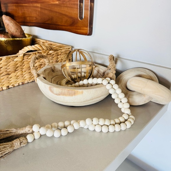 NEW POTTERY BARN White Cream Tan Wood Decor Low Bowl Knot Beads Chain Sphere - Picture 13 of 16